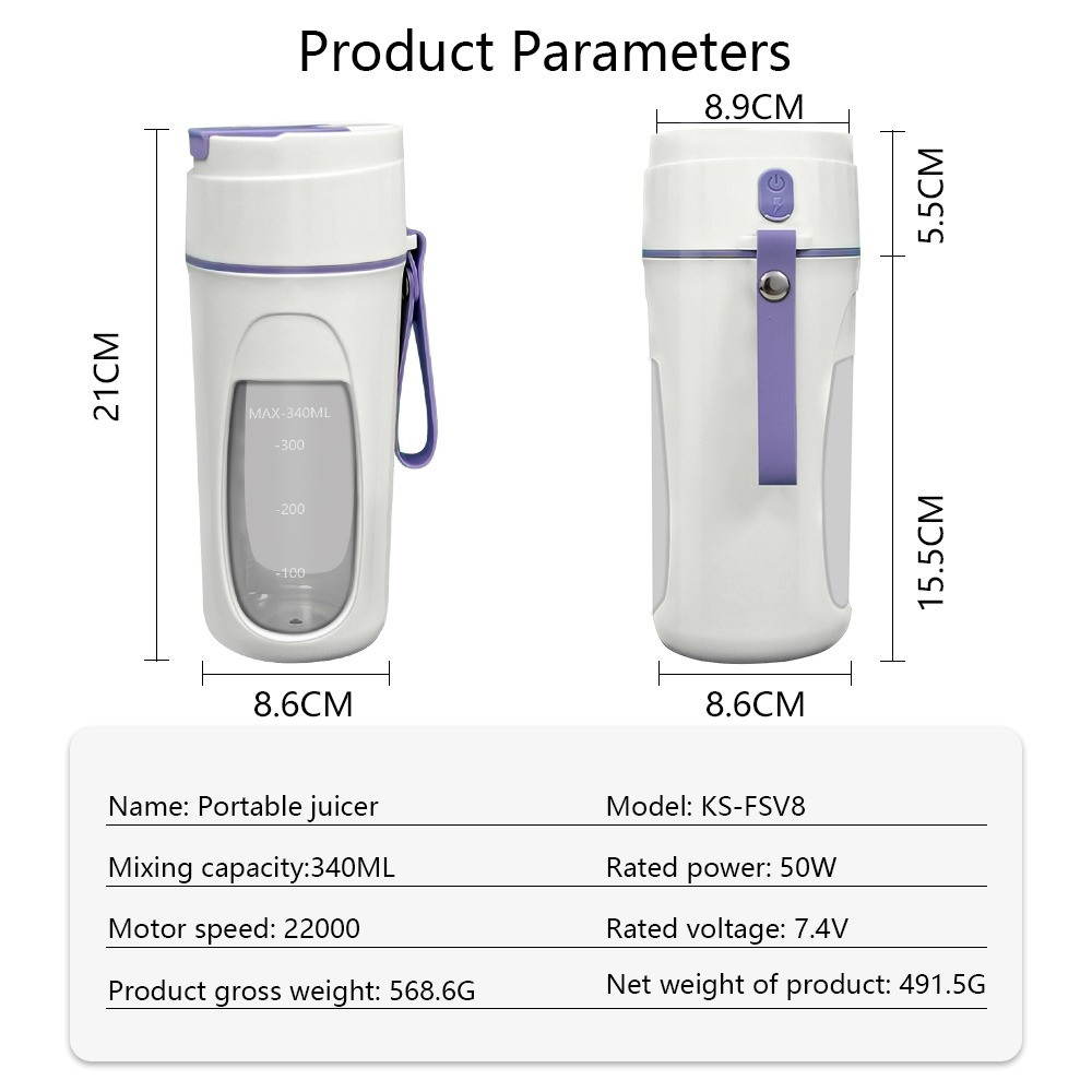 เครื่องปั่นน้ำผลไม้ แก้วปั่น เครื่องปั่นน้ำผลไม้พกพา 340 ml ชาร์จUSB ดีไซน์กะทัดรัด มัลติฟังก์ชั่น - รูปที่ 7