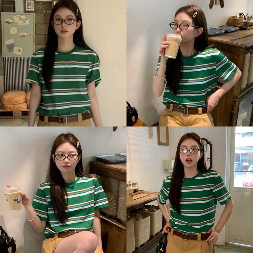 เสื้อคอกลม แขนสั้น ผ้านุ่ม ลายทางสีเขียว สไตล์เกาหลี เสื้อขายดี ใส่สบาย แฟชั่นสำหรับผู้หญิง