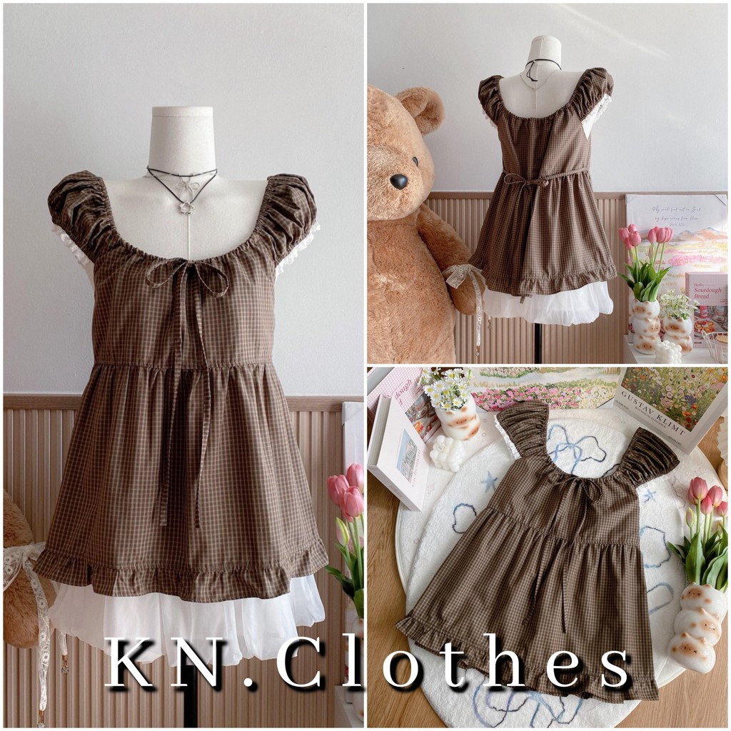 KN.Clothes เสื้อแขนดอลลี่ ตัวยาว แต่งโบว์หน้า ชายระบาย มีเชือกผูกหลัง HT