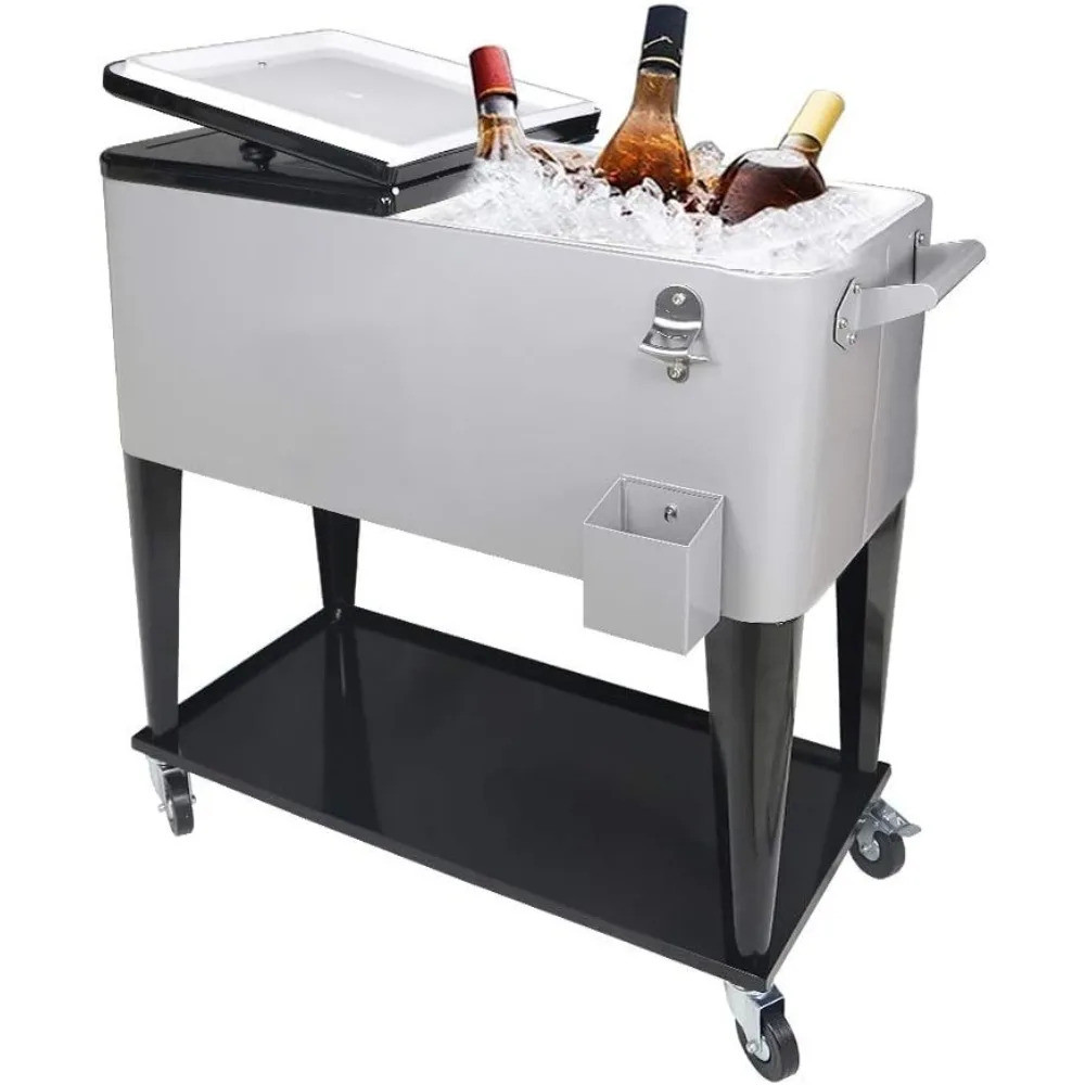 80 Qt Rolling Cooler รถเข็นน้ําแข็งหน้าอกสําหรับลานกลางแจ้ง Deck Party แบบพกพา Party Bar เครื่องดื่ม