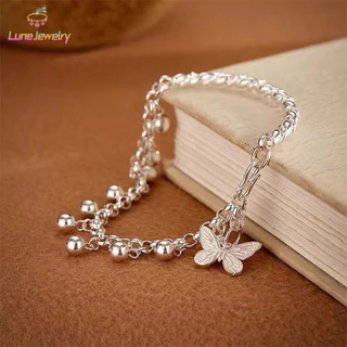 COD💖สร้อยข้อมือกระดิ่งผีเสื้อสีเงิน สไตล์เกาหลี แสงหรูหรา เครื่องประดับแฟชั่น เพื่อผู้หญิง ปรับขนาดได้-Lune