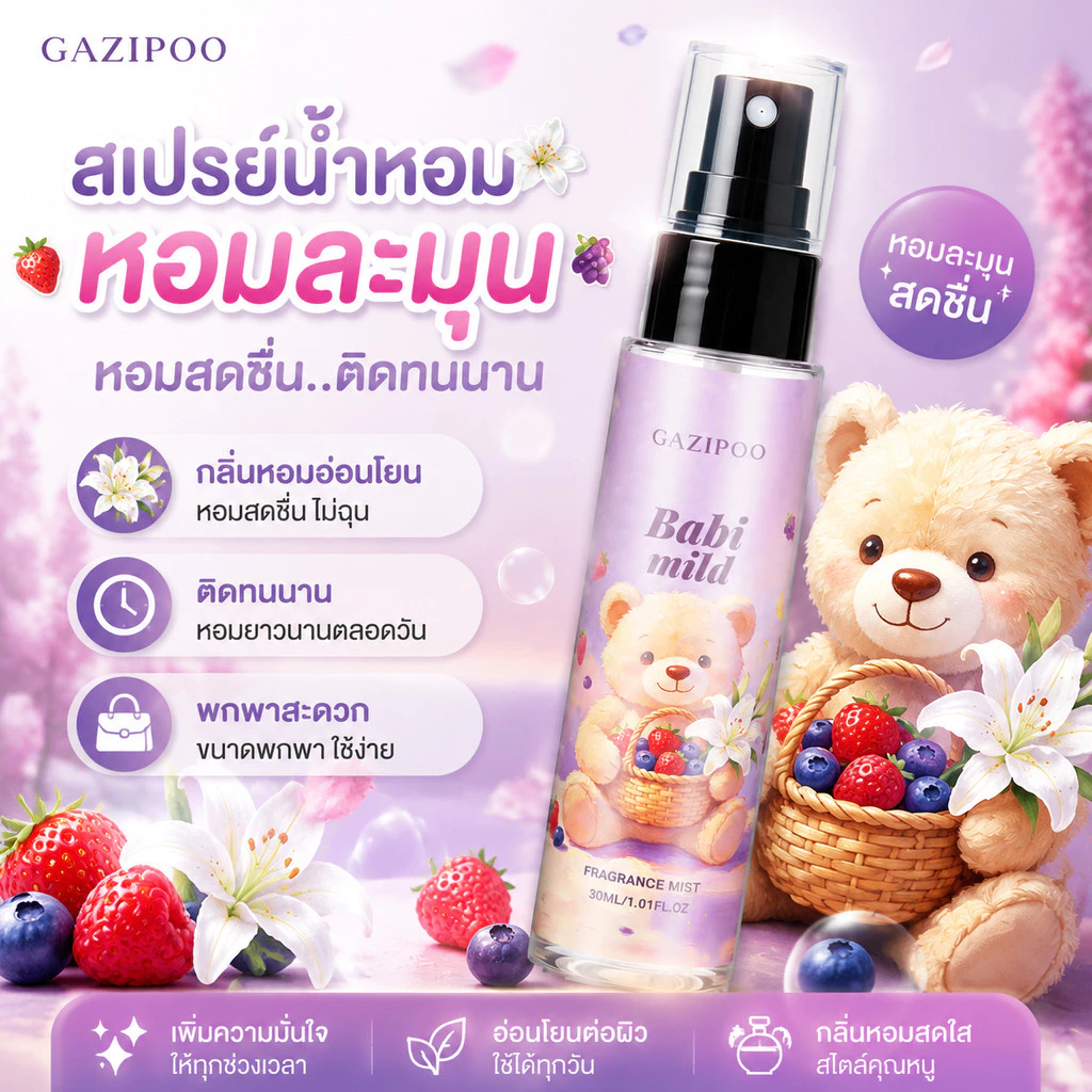 น้ำหอม GAZIPOO กลิ่นดอกไม้ผลไม้ สเปรย์ฉีดผมและตัว หอมละมุนอ่อนโยน สดใสน่ารัก ไม่ฉุน ติดทนนาน มีปลายทาง พร้อมส่ง