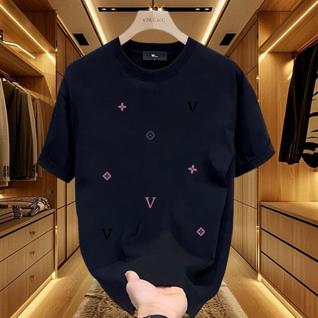ใหม่สไตล์อเมริกันหนักผ้าฝ้ายแท้ลําลองผู้ชายแขนสั้นเสื้อยืดลําลองพิมพ์หล่อแสงหรูหรารอบคอ เลย์