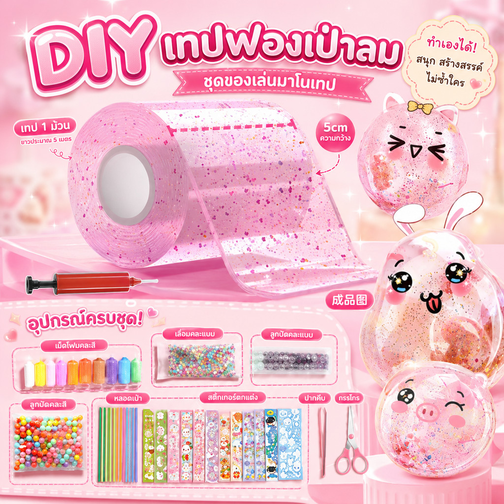 DIY เทปฟองเป่าลม DIY เป่าโป่งเทปนาโน การยึดเกาะแข็งแรงมาก ยืดหยุ่นสูง ไม่ฉีกขาดง่าย ใช้ซ้ำได้ บีบเพื่อคลายเครียด ของเล่น