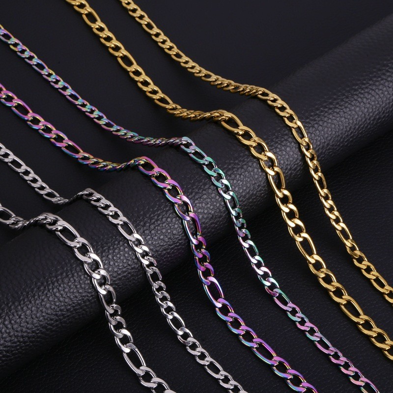 Figaro Chain 3/4 มม./5 มม./7 มม./9 มม.สแตนเลส NK3: 1 สร้อยคอคิวบาสูญญากาศการเก็บรักษาสีไฟฟ้า