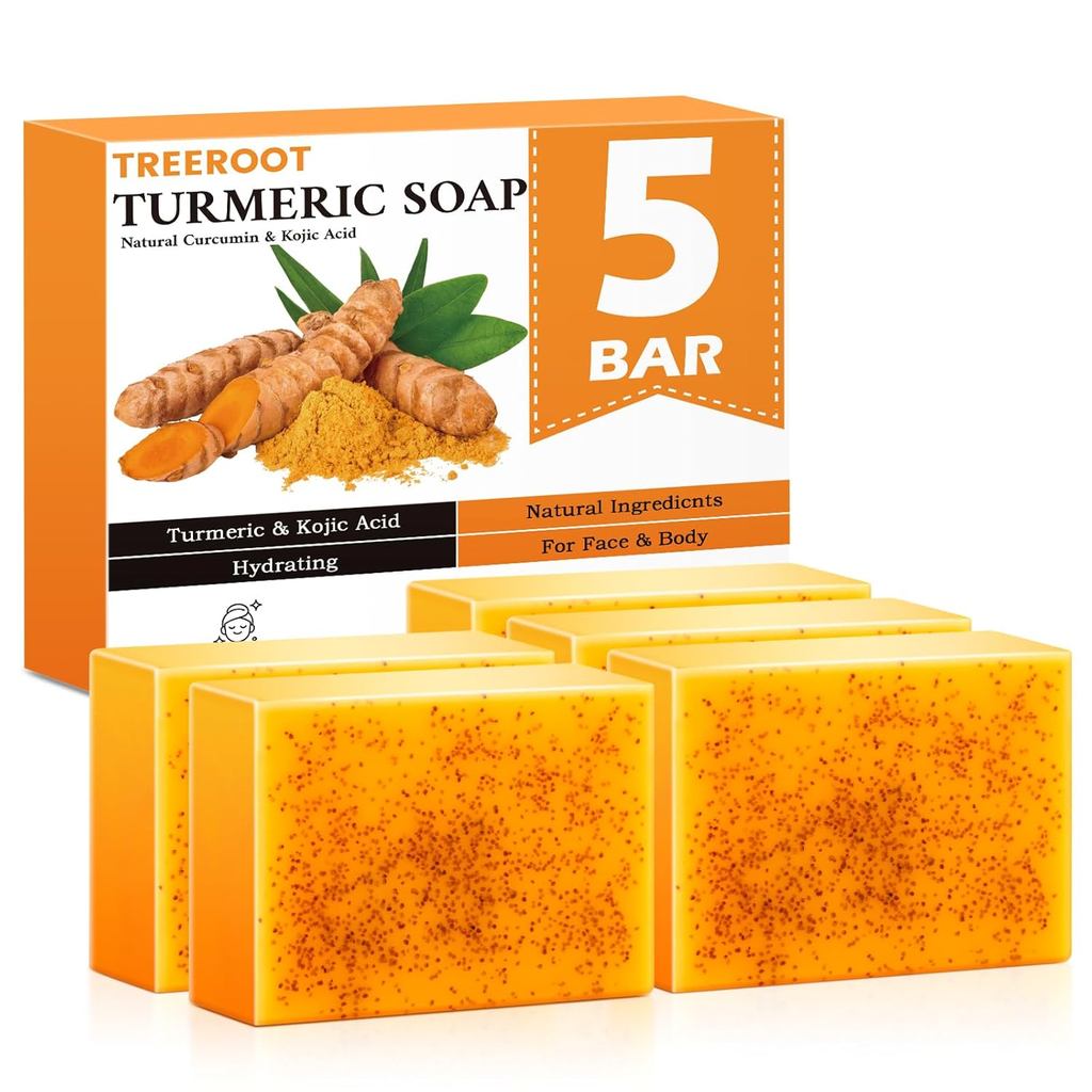 สบู่ขมิ้น Treeroot 5 Pack, 80g สบู่ก้อนกรดโคจิกและขมิ้น ทําความสะอาดผิวหน้าอย่างอ่อนโยน มีเรตินอล คอ