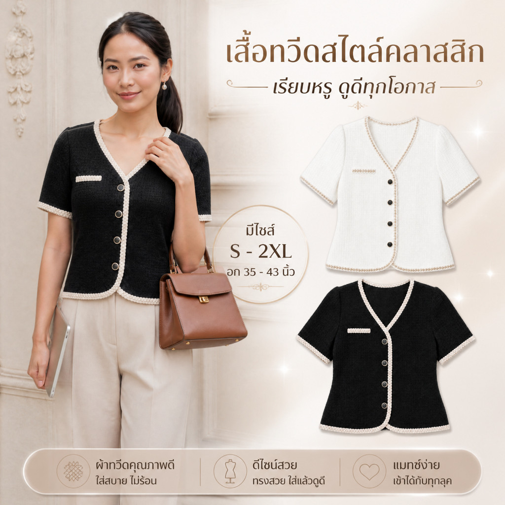 เสื้อเบลเซอร์ทวีด S-2XL แขนสั้นทรงเข้ารูปนิดๆ โทนสีคลาสสิก ดีเทลกระดุมทองหรู ลุคออนนี่ถ่ายรูปขึ้นกล้องสุด