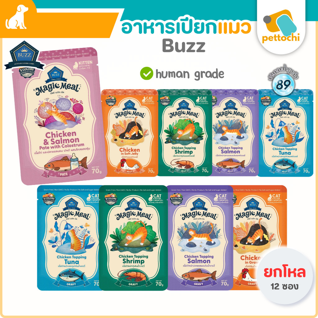 [ยกโหล] Buzz Magic Meal บัซซ์ อาหารเปียกสูตร Chicken Base คุณภาพ Human Grade ขนาด 70 กรัม