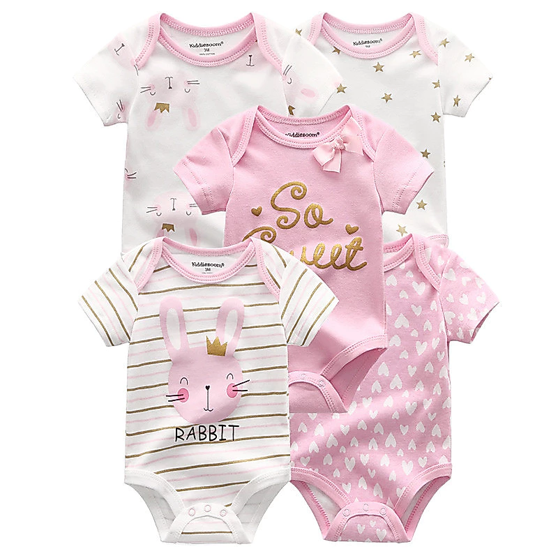 Kiddiezoom 5 ชิ้นแฟชั่นทารกแรกเกิดการ์ตูนแขนสั้นเด็กทารกชุดบอดี้สูทนุ่มผ้าฝ้าย 100% ทารก Onesies
