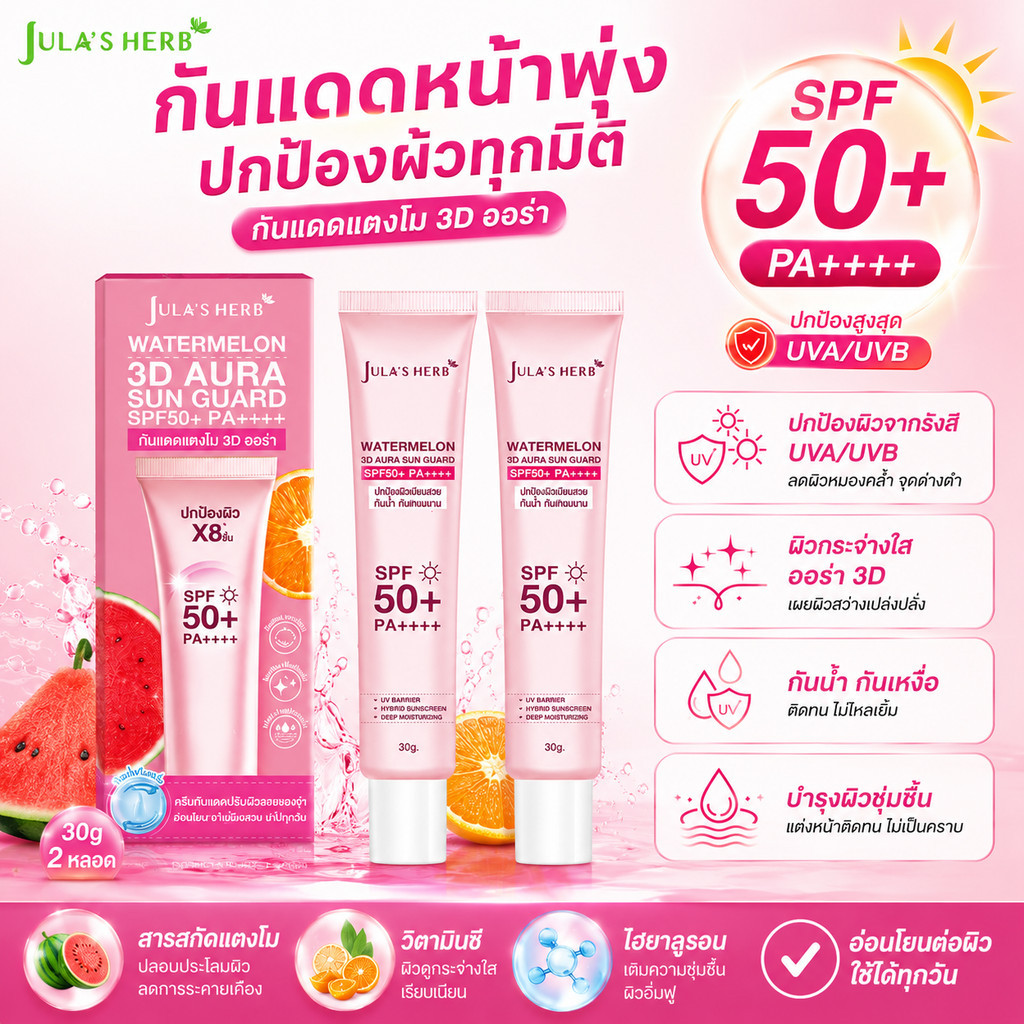 ซื้อ 1 แถม 1  Jula's Herb  Watermelon 3D Aura Sun Guard SPF50+ PA++++ กันแดดแตงโม  ปกป้องผิวทุกวัน