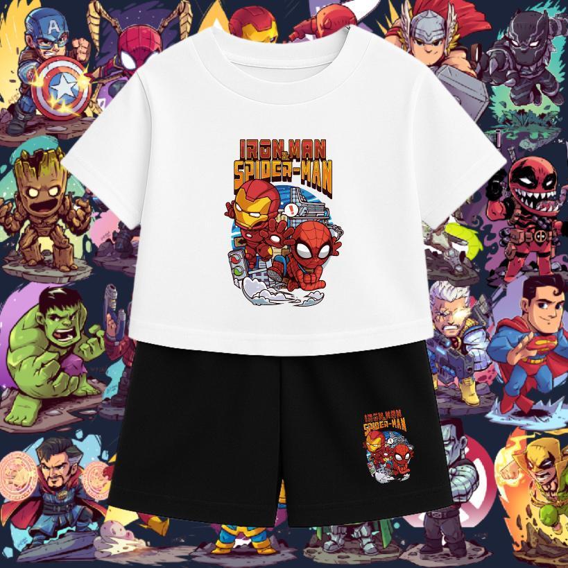 ชุดเสื้อยืดแขนสั้นเด็ก  สวมใส่สบาย มีให้เลือกหลายสี รวมถึงเสื้อยืดแขนสั้นสีสันสดใสและกางเกงขาสั้น ลายซุปเปอร์ฮีโร่P2#024