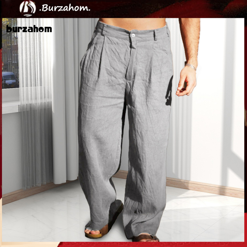 BUR_ Men Vacation Wear Bottoms Men Cotton Linen Pants Mens Cotton Linen Loose Slacks Breathable สีทึ