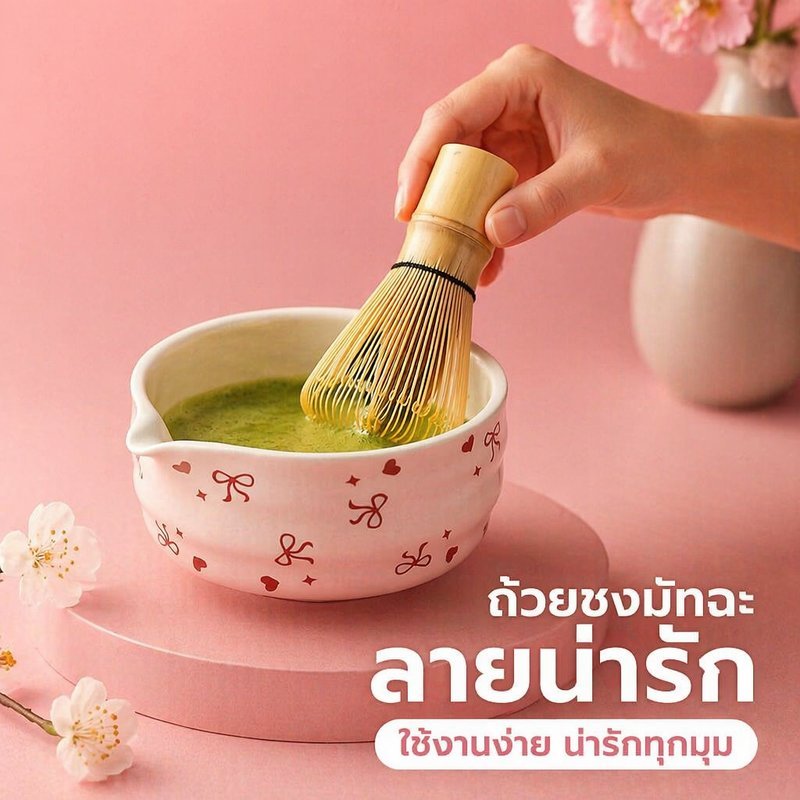 ชามมัทฉะ ถ้วยชงมัทฉะ เซรามิก ทำมือ สไตล์ญี่ปุ่น 500ml น่ารักมาก ลายโบว์