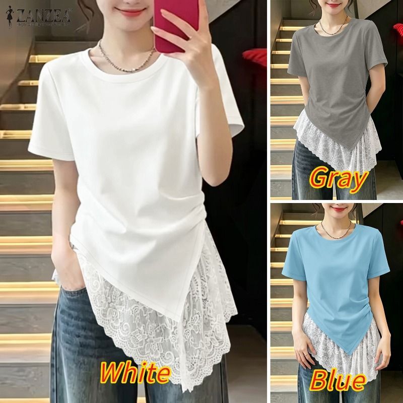 ZANZEA แขนสั้นคอกลมลําลองเกาหลีสําหรับผู้หญิงพร้อมเสื้อเฮ็มไม่สมมาตร — صورة 3