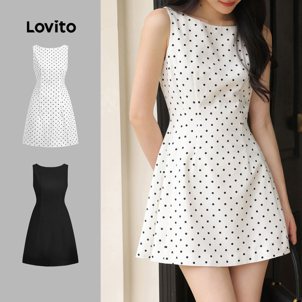 Lovito สง่างาม เดรสทรงหลวม สำหรับฤดูร้อน ใส่ทำงาน ออกงาน เดินทาง สไตล์เกาหลีเรียบง่าย เดรสลายจุด สำหรับผู้หญิง LK3AD373