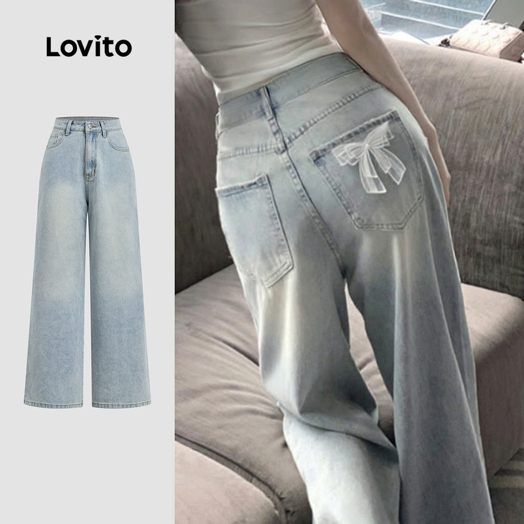 Lovito กางเกงยีนส์ผู้หญิง สีฟ้า สไตล์ลําลอง ฤดูใบไม้ผลิ ฤดูร้อน ทรงล้างกระเป๋า L164ED322