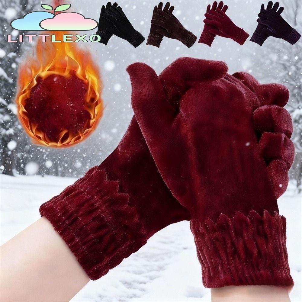 LITTLEX ถุงมือกํามะหยี่, สีทึบหนา Full Finger Mittens, แฟชั่น Plush ถุงมือผู้หญิงฤดูใบไม้ร่วงฤดูหนาว