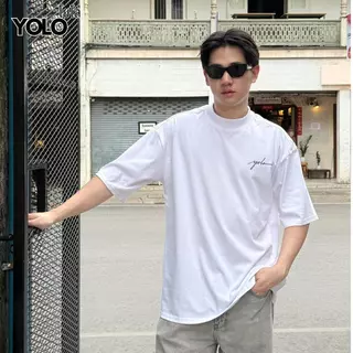 YOLO เสื้อยืด OVERSIZE เสื้อยืดโอเวอร์ไซส์ เสื้อยืดแขนสั้น คอเสื้อหนา 2 นิ้ว ผ้าฝ้ายแท้ ทรงหลวม Y2661
