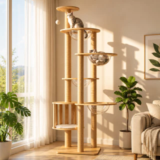 DogLemi】คอนโดแมว สูง185ซม. Cat Condo บ้านแมวไม้พรีเมียม เสาลับเล็บแมว หลุมนอนอะคริลิค 4 จุด คอนโดสัตว์เลี้ยง แมวตัวใหญ่ใ
