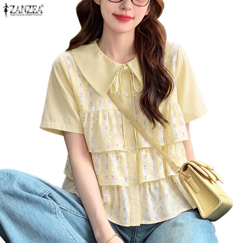 ZANZEA ผู้หญิงสาวเกาหลี Sweet ตุ๊กตาคอปกลายดอกไม้พิมพ์ Tie-Up Bows Multi-Layer Ruffles เสื้อ