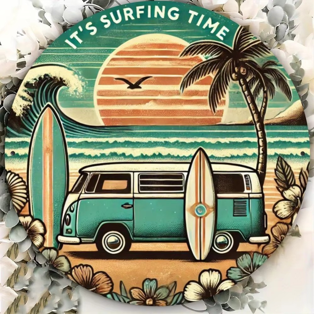 Surfing Time 2D โลหะ Wall Art พื้นทรายแบบเขตร้อน ป้ายตกแต่งต้นปาล์มและVintage Van สำหรับบาร์ในบ้านหร
