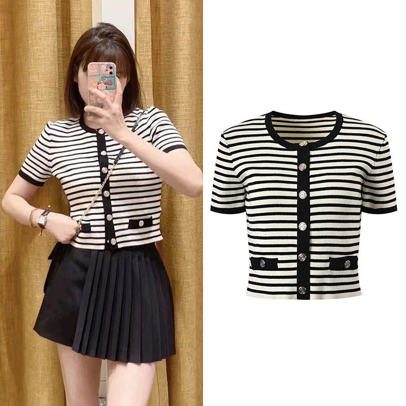 2TF4 Sand*** French Style Color Block Striped Single-Breasted Round Neck Knitted Cardigan Top2024Spr