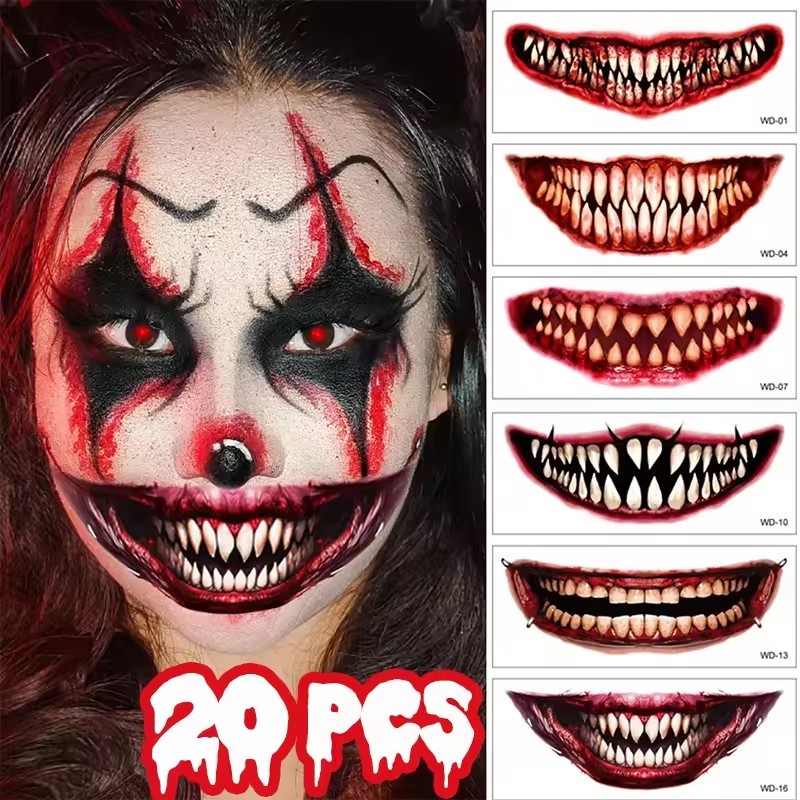 สติ๊กเกอร์ชั่วคราวลายสักฮาโลวีนปากยักษ์ ใบหน้ายากลัวสำหรับการทำเองในเทศกาลฮาโลวีน