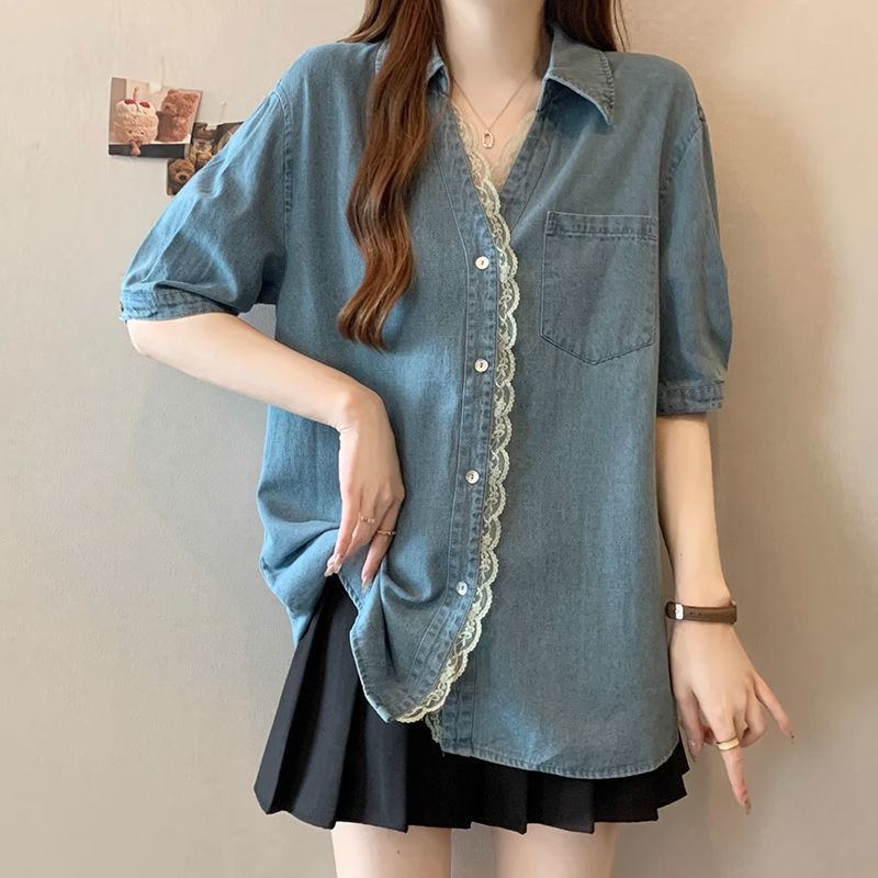 XUWEN2509 Seckill ขนาดใหญ่เย็บลูกไม้แขนสั้น Denim เสื้อผู้หญิงฤดูร้อนไขมันน้องสาวหลวม Belly POLO Col