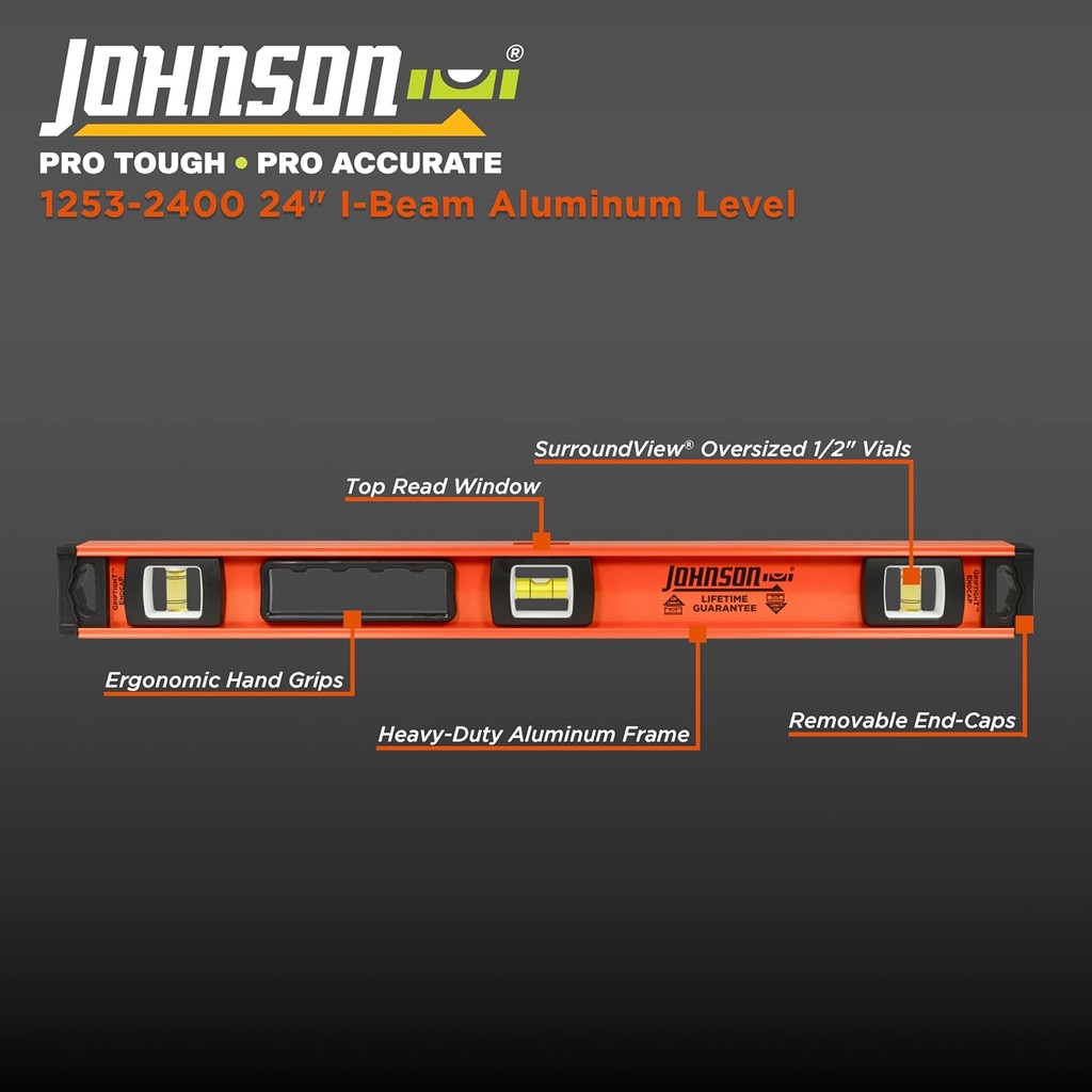 Johnson Level & Tool 1253-2400 Heavy Duty I-Beam Aluminium Level, 24", ส้ม, 1 ระดับ Y7UN