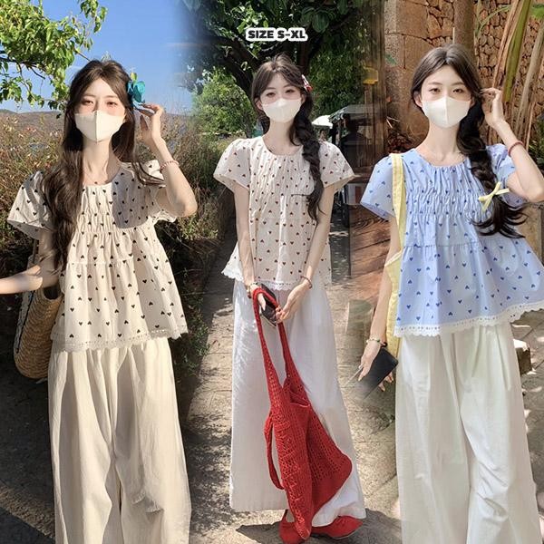 mimi&didi#เสื้อเชิ้ตแขนสั้นพิมพ์ลายหัวใจสไตล์หวานสำหรับผู้หญิง ในช่วงฤดูร้อนหลวมไซส์ใหญ่ด้านบนเย็บลูกไม้ น่ารักๆ#W646