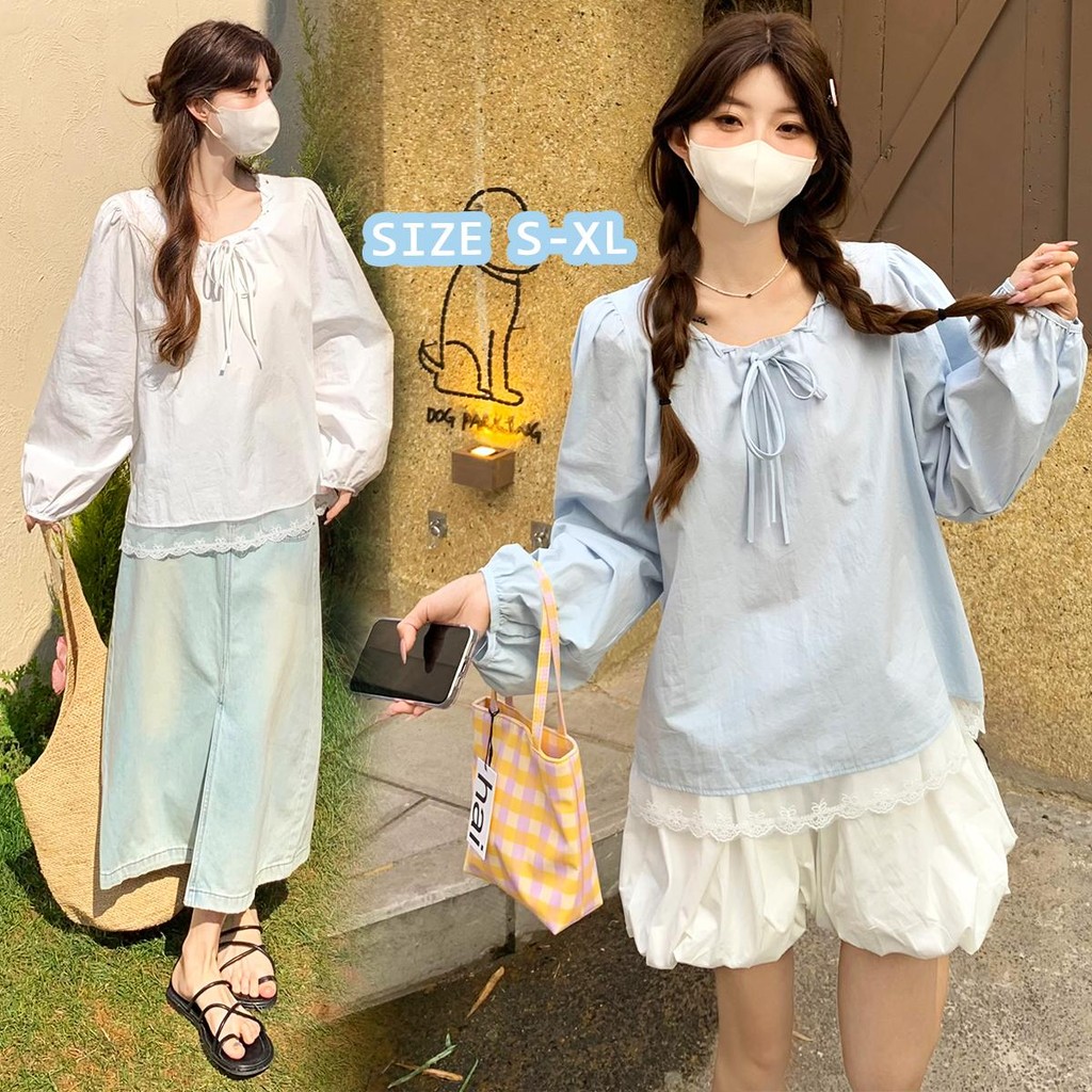 Chili Koko เสื้อเชิ้ตแขนยาวทรงหลวมผูกโบว์คอแฟชั่นสไตล์เกาหลี เสื้อแขนยาวชายลูกไม้ เสื้อผ้าน่ารักๆใส่ไปเที่ยว W649