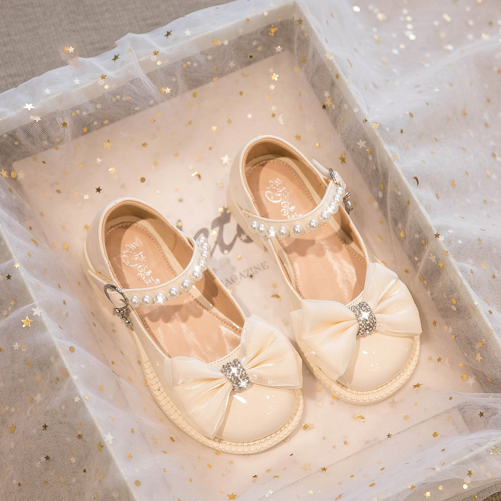 รองเท้าเด็กผู้หญิงสีขาวสไตล์เจ้าหญิง หนังอ่อนนุ่ม สำหรับฤดูใบไม้ร่วง ไซส์เล็ก
