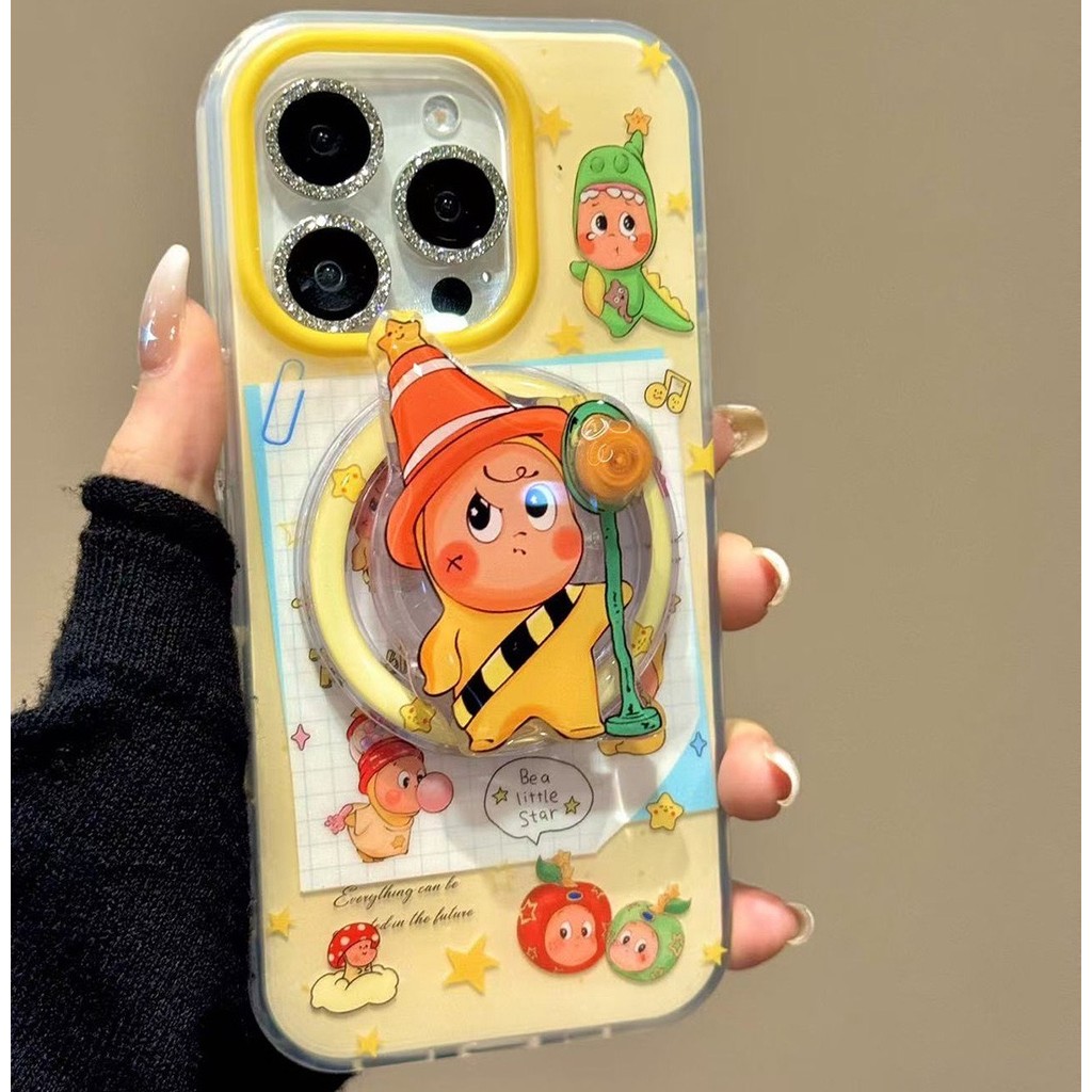น่ารักสีเหลืองด้านล่างเต็มหน้าจอ star man หมุนวงเล็บแม่เหล็กเคสโทรศัพท์มือถือเหมาะสําหรับ iPhone17 16 15 14 13 Pro Max กันกระแทกป้องกันกล้อง anti-drop hard ฝาหลัง