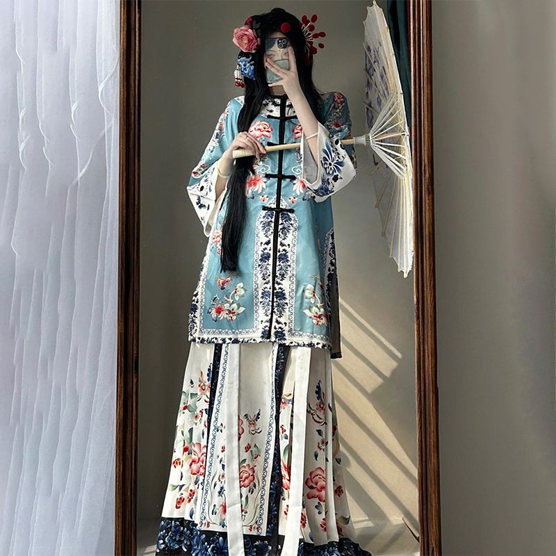 Nine-dust Checked เสื้อผ้า Qinghan ผู้หญิง Recovery คู่รอบคอเสื้อผ้าชาติพันธุ์ Heavy Industry พิมพ์ 