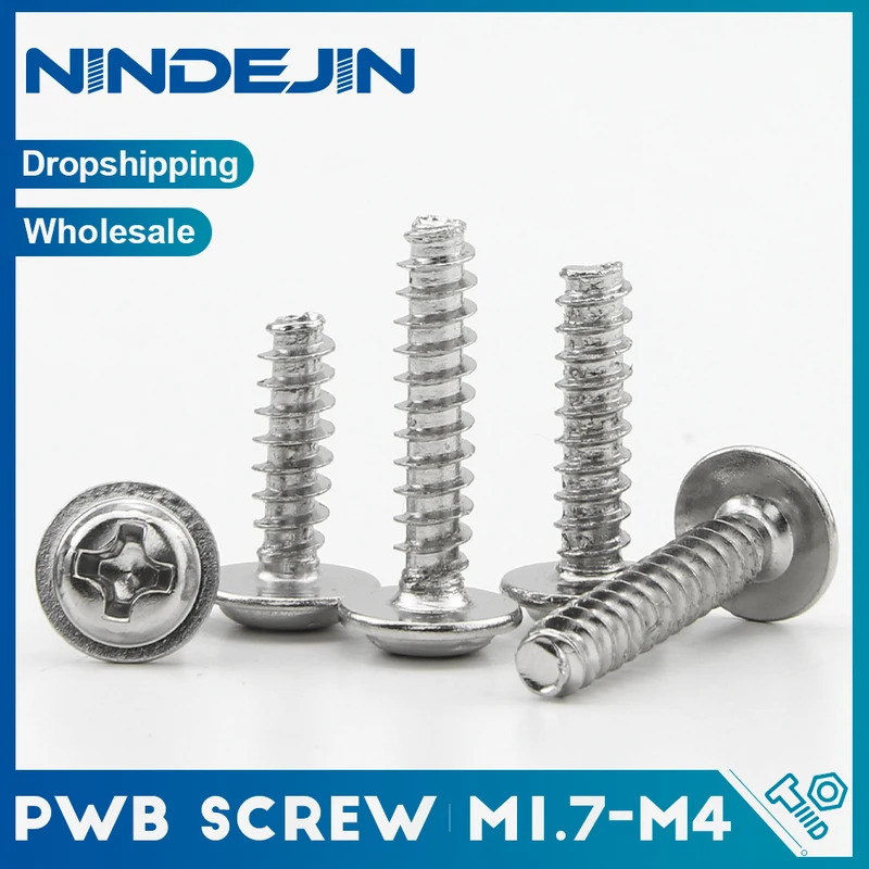 NINDEJIN 30-100pcs Phillips Screw PWB Round Head With Washer Self- tapping Screw Nickel Plated PWB S