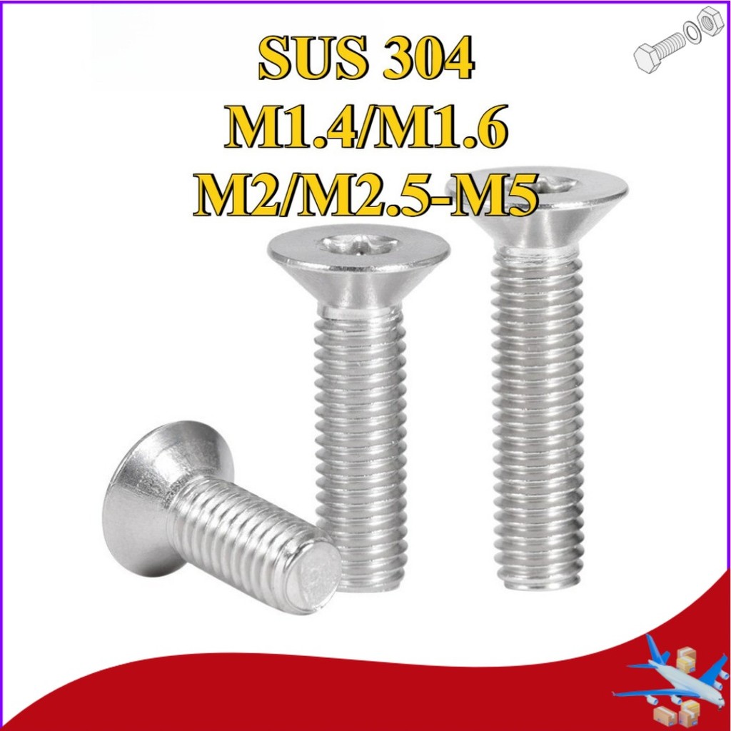 304 สกรูสแตนเลส สกรูหัวจม GB2673 หัวแบนด้านในดอกพลัมพร้อมคอลัมน์สกรูกันขโมย M1.4/M1.6/M2/M2.5/M3/M4/