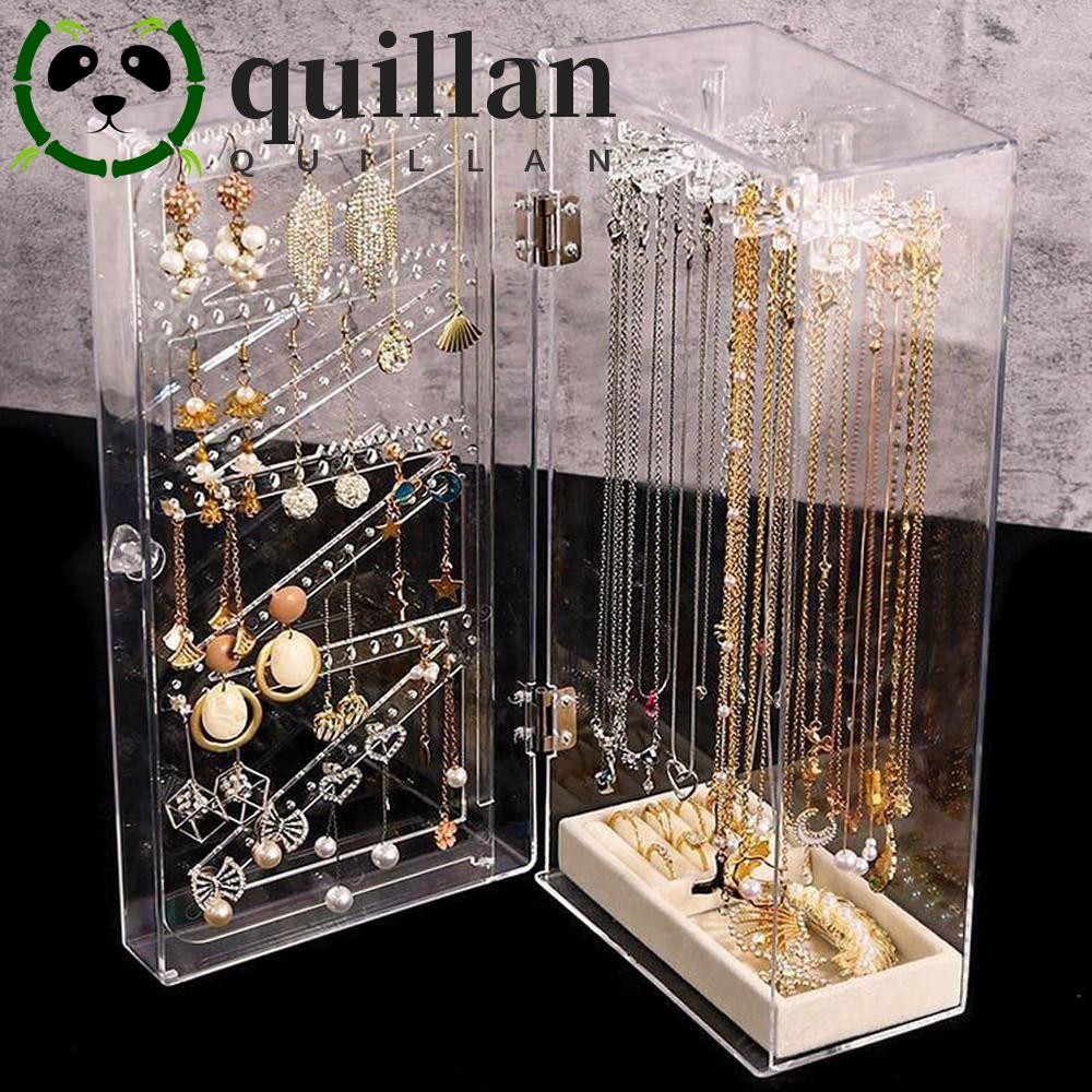 QUILLAN ที่ใส่สร้อยคอใสพร้อมตะขอแขวน 24 ชิ้นมัลติฟังก์ชั่เครื่องประดับออแกไนเซอร์แสดงกรณี, ของขวัญกันฝุ่นหมุนได้ด้วยสีเบจกํามะหยี่ถาดชั้นเก็บเครื่องประดับจี้