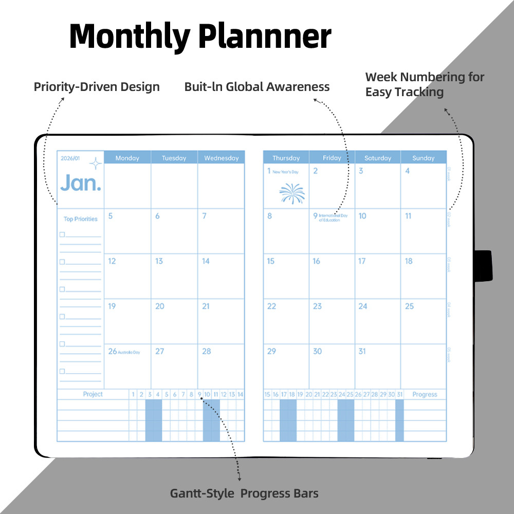 2026 Yearly Planner A5 Softcover ตารางภาษาอังกฤษ Daily Plan Notebook Soft-Touch Leather 80GSM กระดาษกลับกระเป๋าสําหรับหมายเหตุนักเรียนและสํานักงานเครื่องเขียน - รูปที่ 5