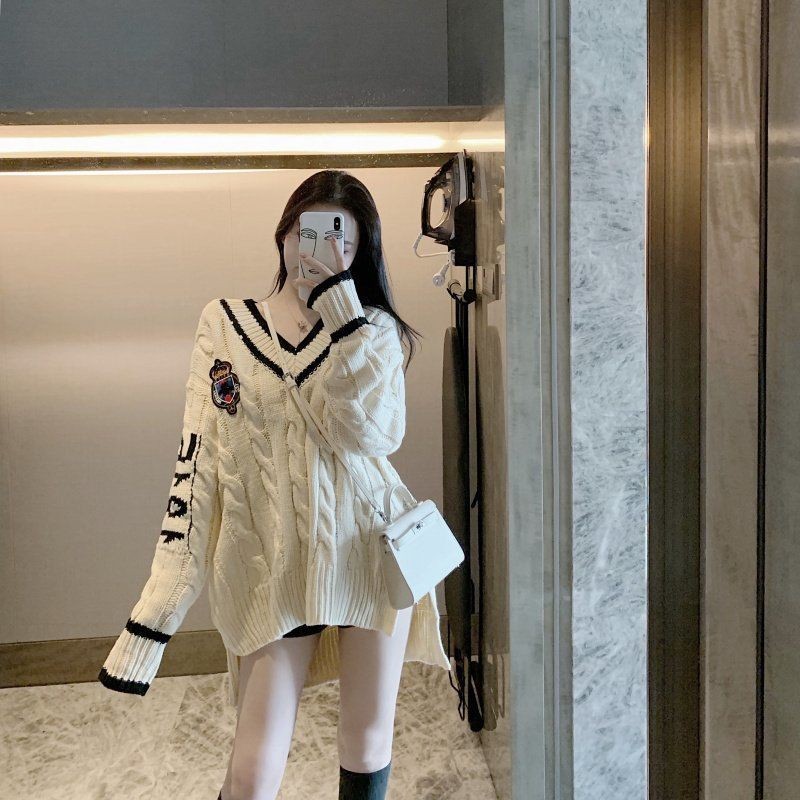 เสื้อถักแขนยาวทรงหลวม สไตล์เสื้อคลุมไหล่ สำหรับฤดูใบไม้ร่วง