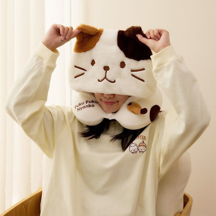 U Hooded Travel หมอนคอป้องกันหมอน Office Nap หมอนน่ารัก Fuku Cat Light Blocking แบบพกพาเครื่องบิน Pi