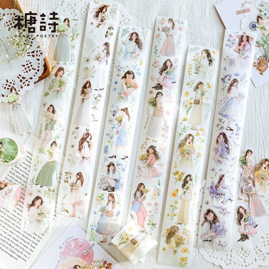 สาวดอกไม้ Washi สติ๊กเกอร์เทปสัตว์เลี้ยง Journaling ตกแต่งสําหรับศิลปะ DIY งานฝีมือวารสาร อุปกรณ์วางแผน สมุดภาพ การ์ด