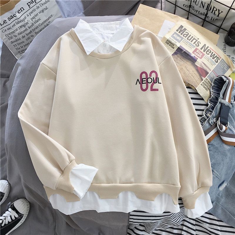 假两件春季薄款卫衣女装ins学生BF风秋冬韩版宽松加绒加厚社会潮Fake two-piece spring thin sweater women's clothing ins learning2025