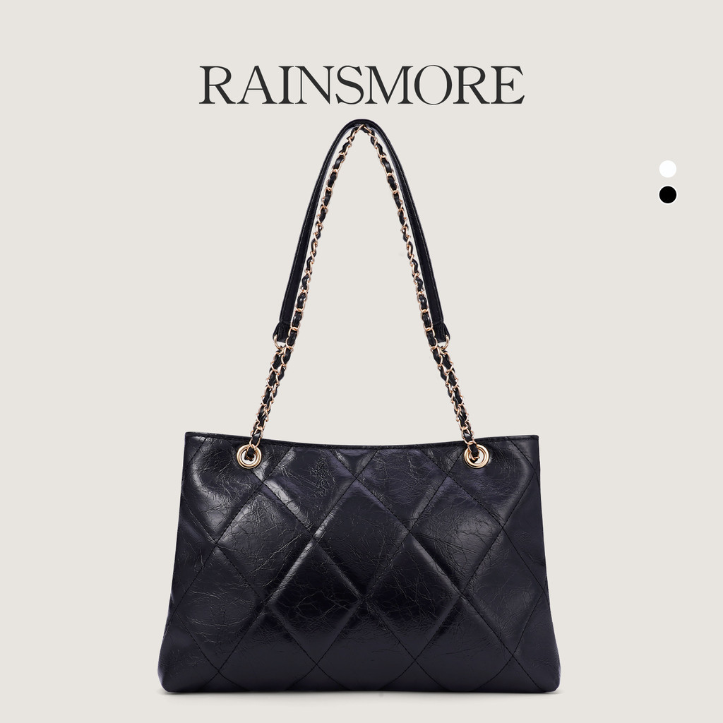 Rhombus Chain Tote Bag สีดำและสีขาว ทรงไทย ความจุขนาดใหญ่ เหมาะสำหรับการเดินทางและความสะดวกในการใช้งาน