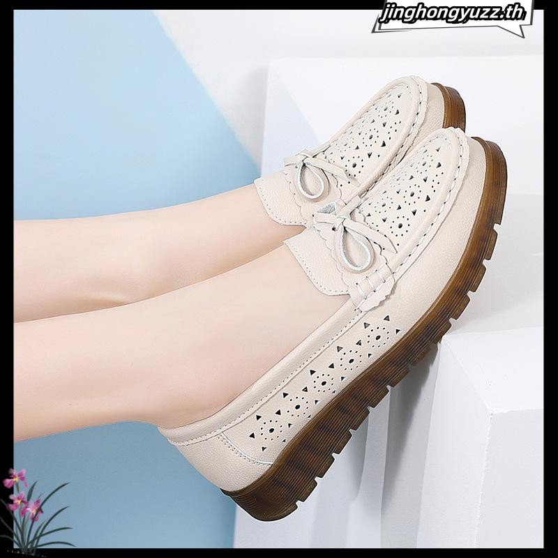 สตรีแฟชั่นรองเท้าแฟลตสบายๆฤดูร้อนสีดําลื่นบนนุ่ม soled รองเท้ากันลื่นกลวงระบายอากาศหนังเดิน Lofers ร