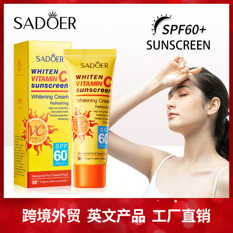 สต็อกพร้อม#全英文SPF60+VC Sunscreen SADOER SADOER วิตามินซีแยกครีมกันแดดสดชื่นโลชั่นการค้าต่างประเทศ cc