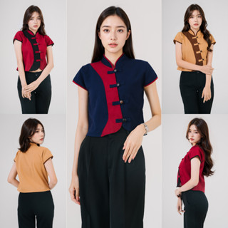 เสื้อพื้นเมืองผ้าฝ้าย แขนสั้น สีทูโทน ดีไซน์คอจีน ติดกระดุมก…