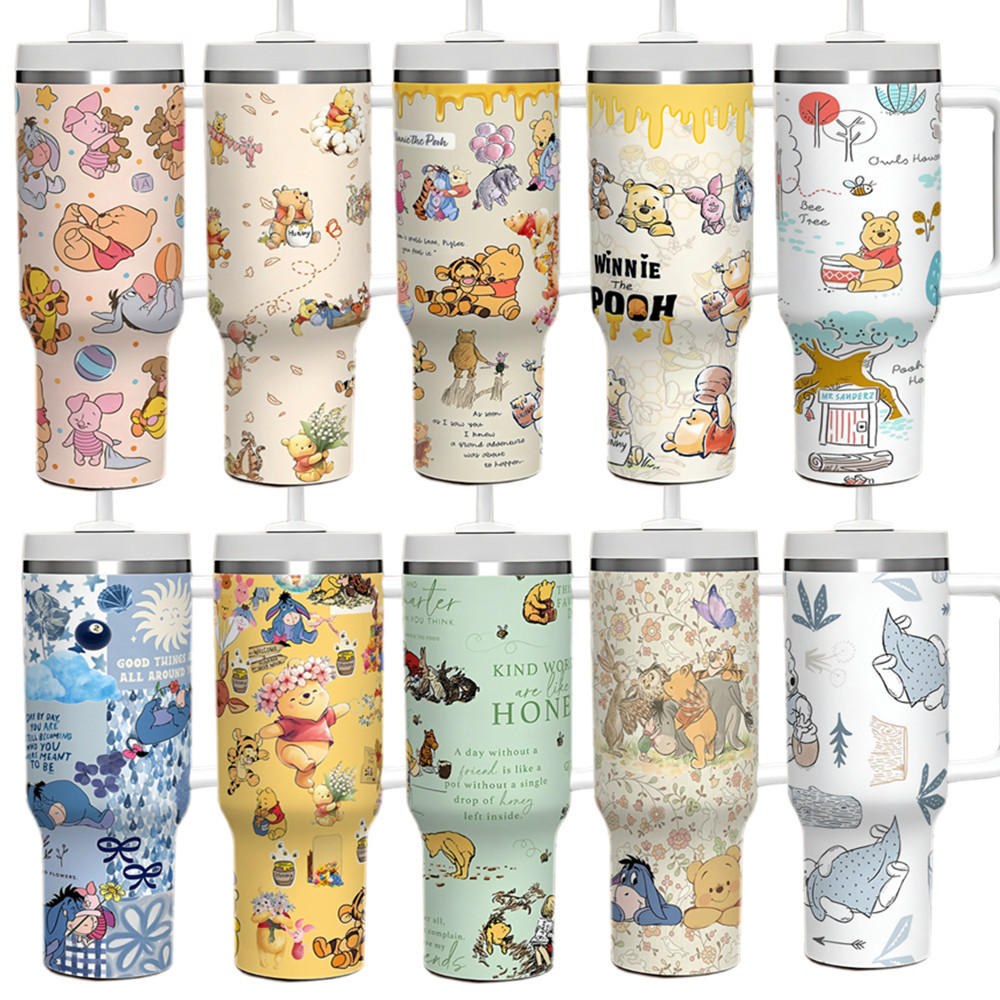 [40OZ Winnie the Pooh Ice Master Cup] 304 ถ้วยเก็บความร้อนสแตนเลสพร้อมที่จับถ้วยรถที่เก็บของเย็นติดทนนาน