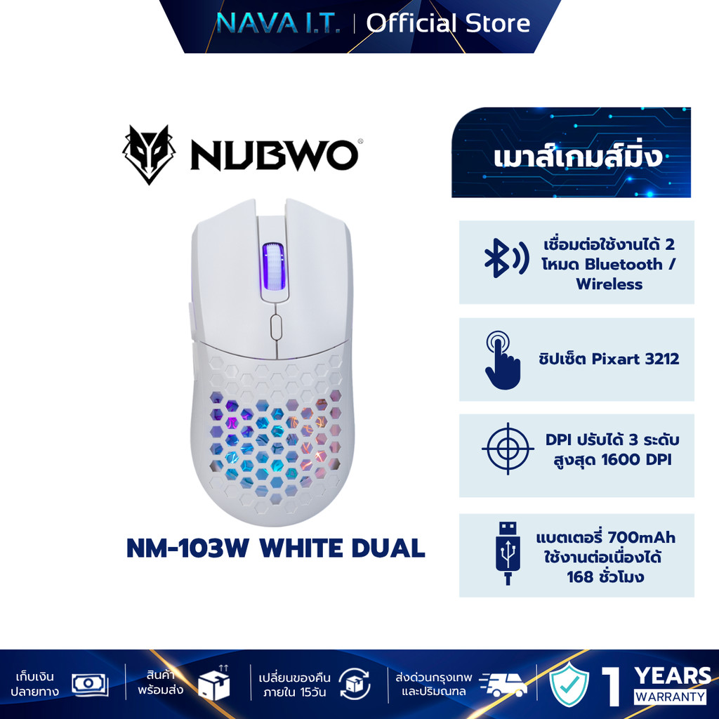 NUBWO NM-103W WHITE DUAL MODE GAMING MOUSE มีไฟ RGB ปรับ DPI ได้ รับประกัน 1 ปี