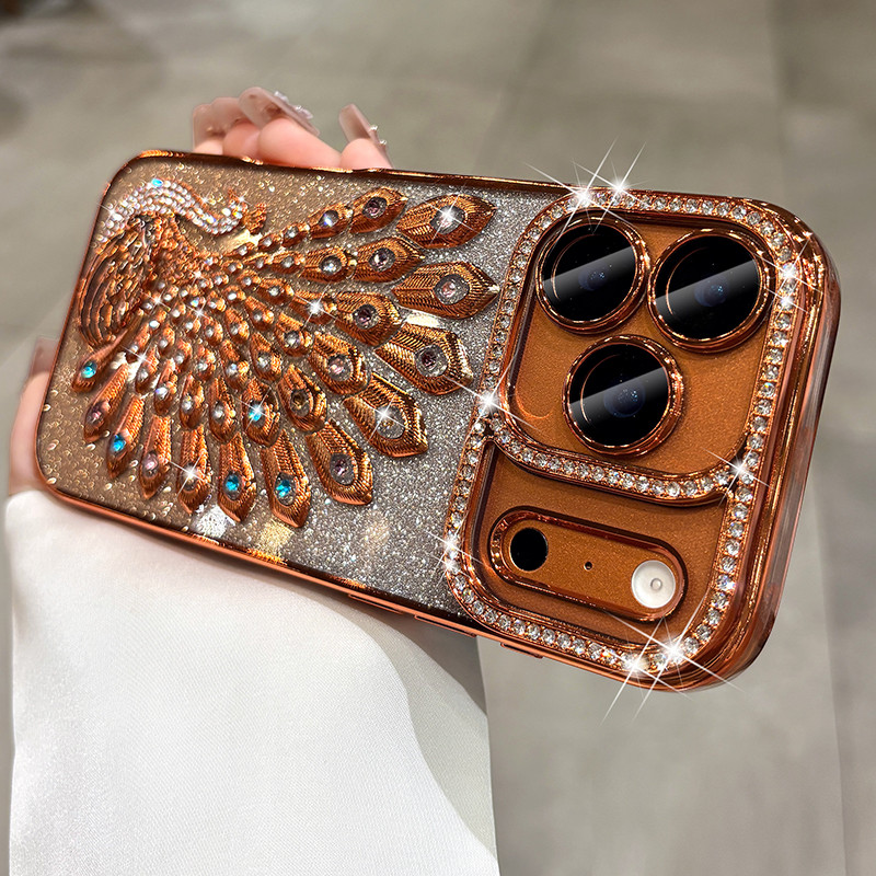 Electroplated โปร่งใส 3D Rhinestone นกยูงเคสโทรศัพท์สําหรับ iPhone 13 14 15 16 17 Pro Max 15/16 Plus Soft Shell กันกระแทกปกหลัง