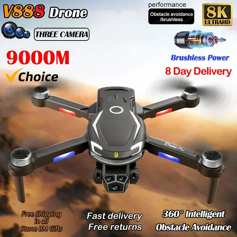 ใหม่ V888 Brushless Drone 8k Professional Hd Triple กล้องหลีกเลี่ยงอุปสรรคไม่มี Gps Optical Flow ตํา
